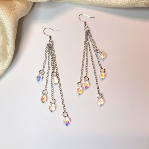 Beautiful silver color fish hook earrings with long dangle sparkling crystals - Picture 2 of 5